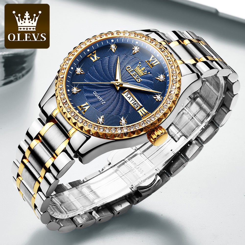 OLEVS Quartz Stainless Steel Strap Men's Wristwatches Waterproof Business Golden Diamond Inlaid Luxury Watch For Men Luminous