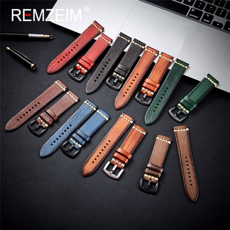 REMZEIM Retro Handmade Genuine Leather Strap Vegetable Tanned Leather Watchband 18 20 22 24mm High Quality Business Watch Band