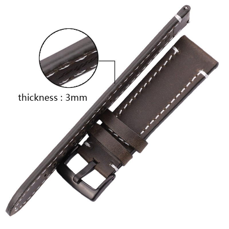 HENGRC - Genuine Cowhide Leather Watch Strap for Men and Women, Thickness 18, 20, 22, 24mm, Handmade, Retro, with Metal Buckles