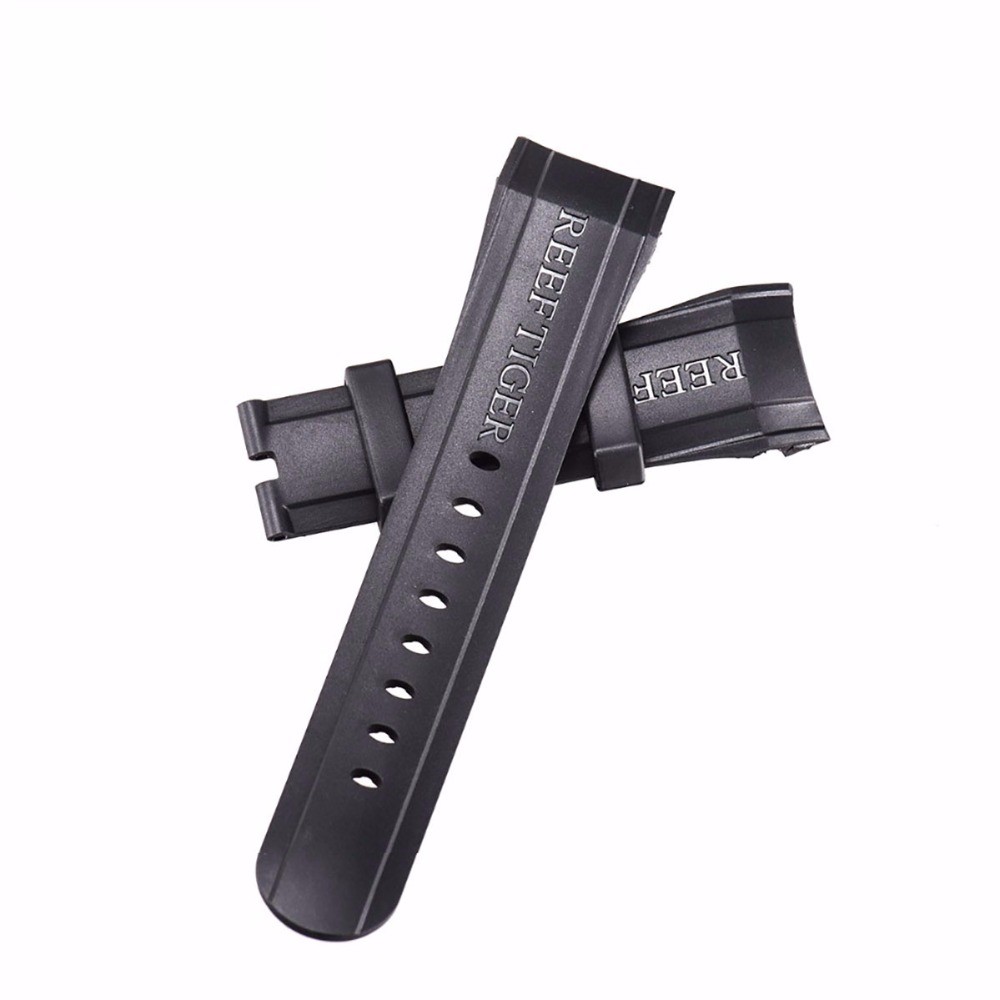 Reef Tiger Rubber Watch Strap, 29 cm, Black, with Tang Buckle for Aurora Clasps and Adapter