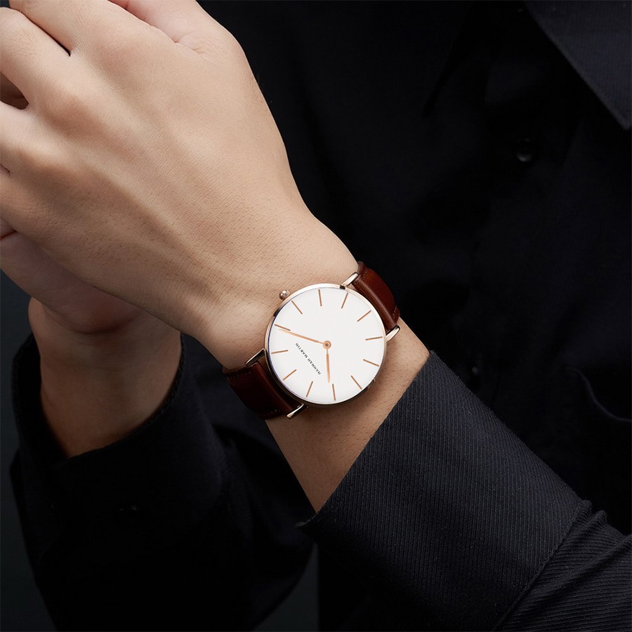 Hannah Martin High Quality Rose Gold Double Watch Men Leather Waterproof Wristwatch Women Dress Fashion Japan Quartz Saat Movement