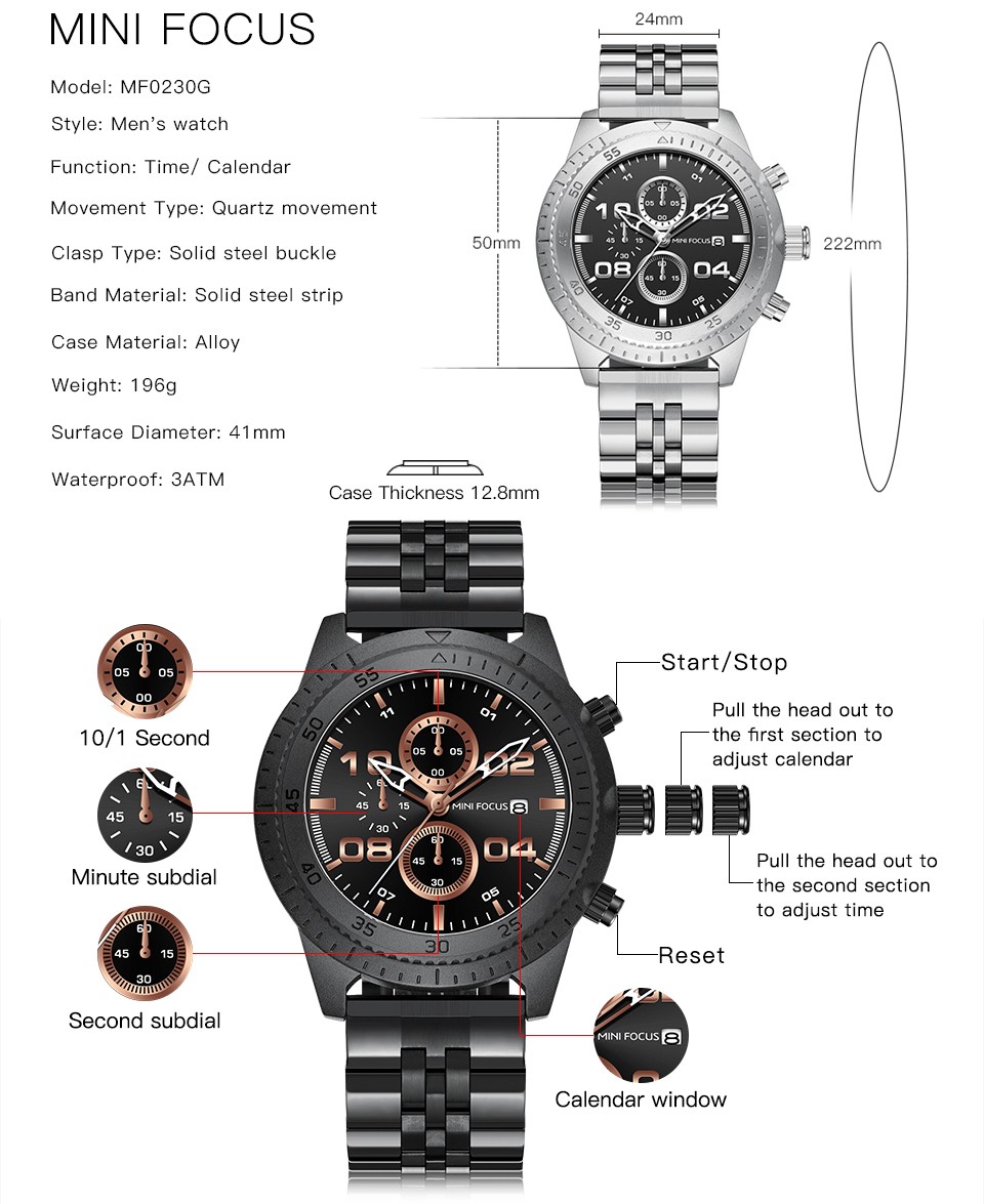 MINIFOCUS موضة الرياضة الرجال الساعات الترفيه مقاوم للماء ساعات الكوارتز الفولاذ المقاوم للصدأ حزام كرونوغراف تاريخ السيارات متعددة الوظائف