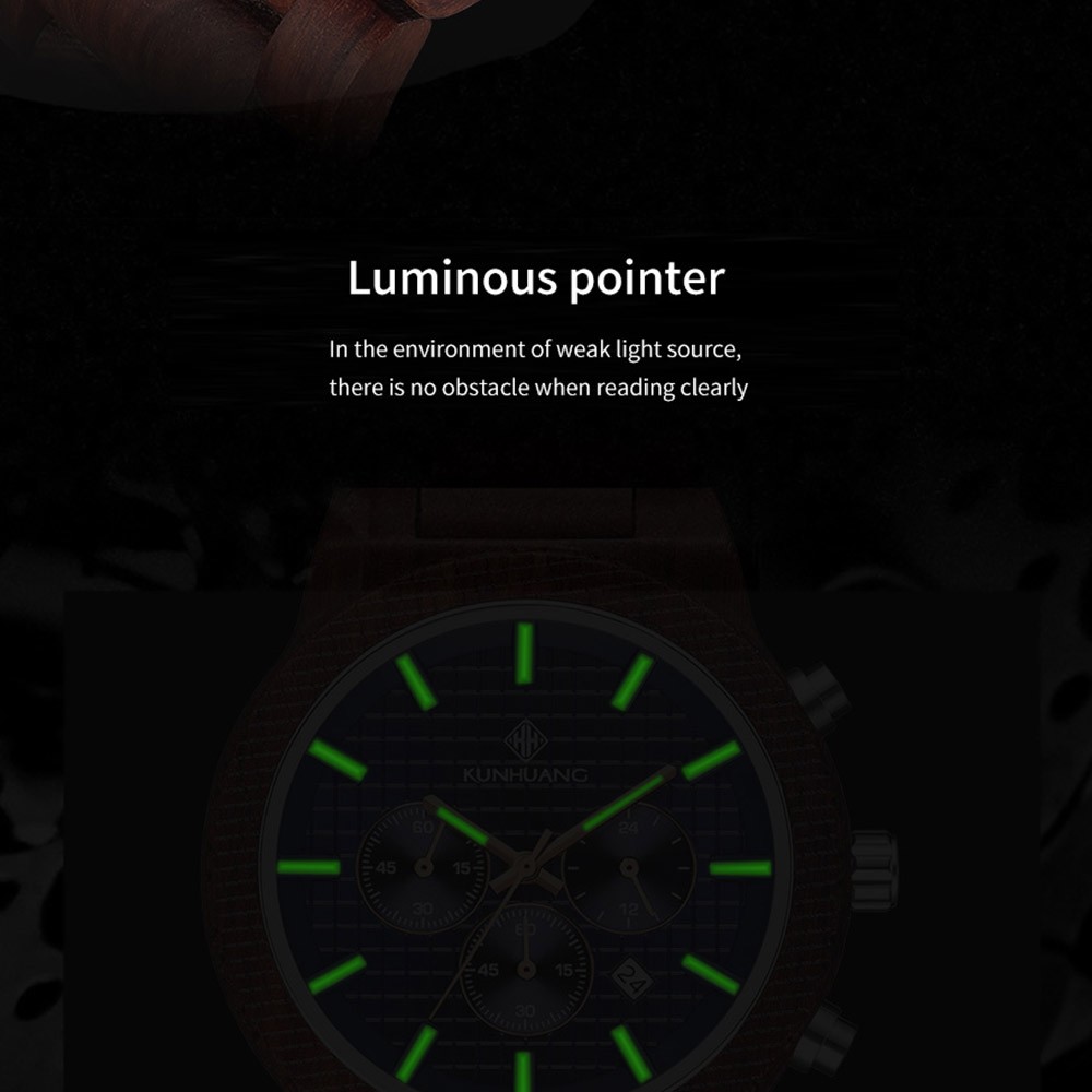 Kunhuang Luxury Elegant Men Wood Watch Military Chronograph Watches Quartz Relogio Masculino Custom Dropshipping