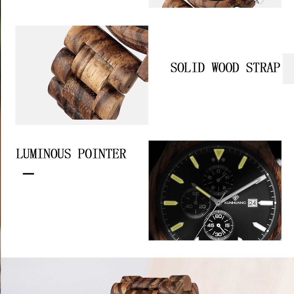 Kunhuang Handmade Wooden Watches Mens Watches Chronograph Watch Military Quartz Wristwatch Male In Wooden Gift Box Relogio