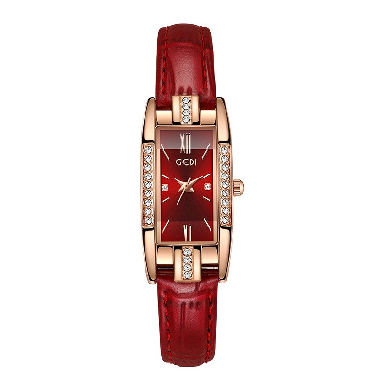 Luxury Fashion Women Watches Gift for Lady Red Leather Strap Simple Watch Case Rhinestone Rectangle Dial Clock Reloj De Mujer