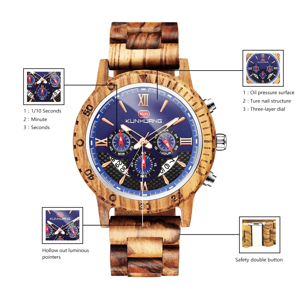 Kunhuang Luxury Brand Men's Watch Wooden Multifunctional Raw Quartz Watch High Strength Ebony Glass Case relógio masculino