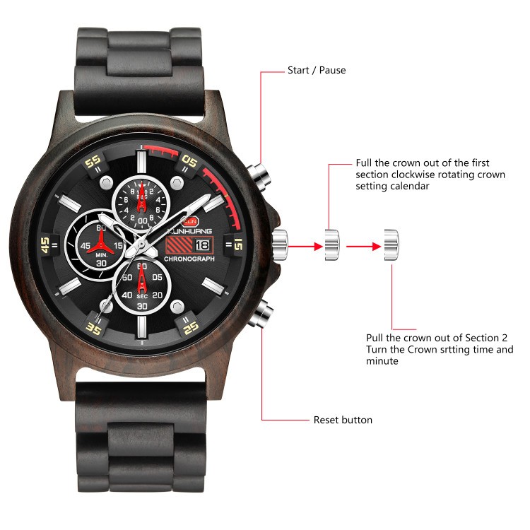 Men's Quartz Watch Multifunction Sport Luxury Stylish Wood Watches Chronograph Military Wooden Watch Relogio Masculino