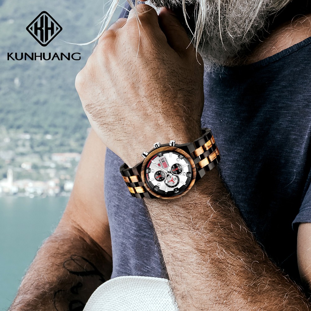 Reloj hombre KUNHUANG جديد ساعة خشبية الرجال العلامة التجارية الفاخرة كرونوغراف العسكرية ساعات كوارتز للرجل دروبشيبينغ مخصصة