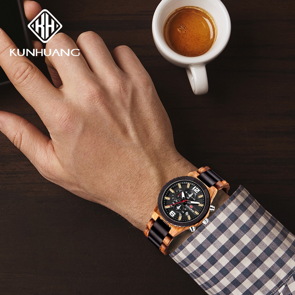 Kunhuang Luxury Wood Stainless Steel Men Watch Fashion Wooden Watches Chronograph Quartz Watches relogio masculino gift man