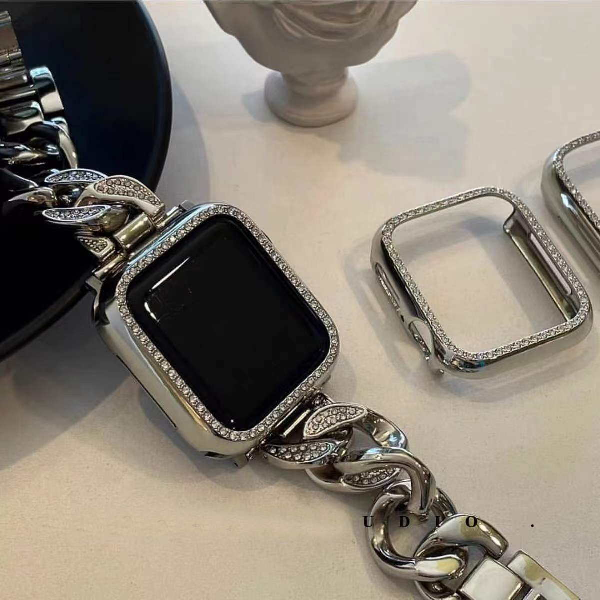 الفاخرة الماس حزام الساعات ل أبل سلسلة ساعة 7 6 SE 5 4 3 المعصم حزام ربط سوار ل iWatch 38 41 42 45 مللي متر المعادن الصلب حزام