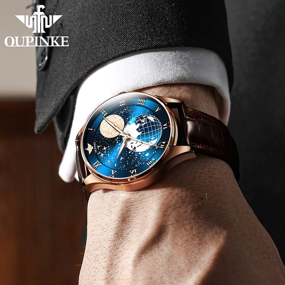 OUPINKE Men's Mechanical Watch Starry Sky Moon Phase Sapphire Crystal Glass Automatic Leather Business Wristwatch for Mature Male