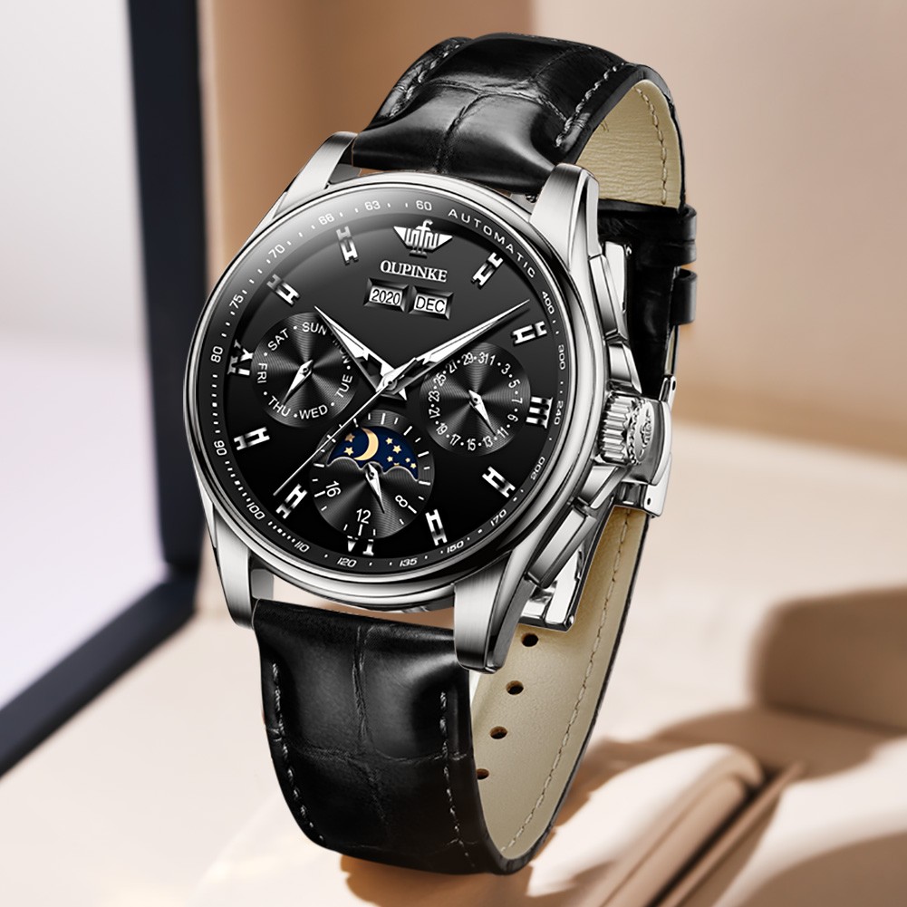 OUPINKE Luxury Automatic Men's Watch Mechanical Watches Leather Sapphire Crystal Waterproof Moon Phase Wristwatch Montre Homme