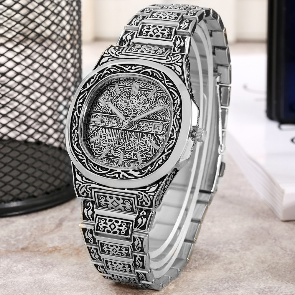 Retro Nostalgia Men's Watch Engraved Pattern Watch Alloy Steel Band Casual Wrist Watch Square Double Watch for Men Gift Father Gift