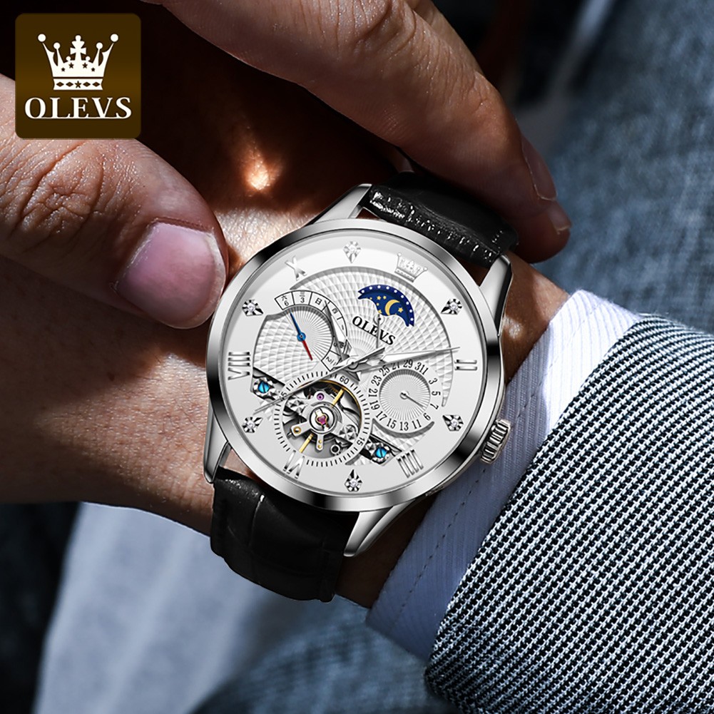 OLEVS New Luxury Men Automatic Mechanical Watch Waterproof Luminous Hollow Watches for Men Leather Strap Moon Phase Calendar