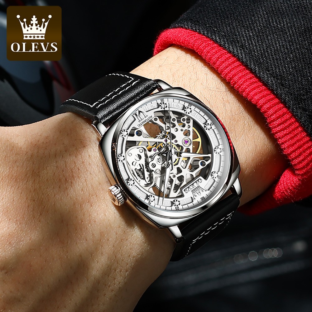 OLEVS Watch for Men Luxury Brand Diamond Automatic Mechanical Wristwatches Skeleton Design Waterproof Leather Men's Watches