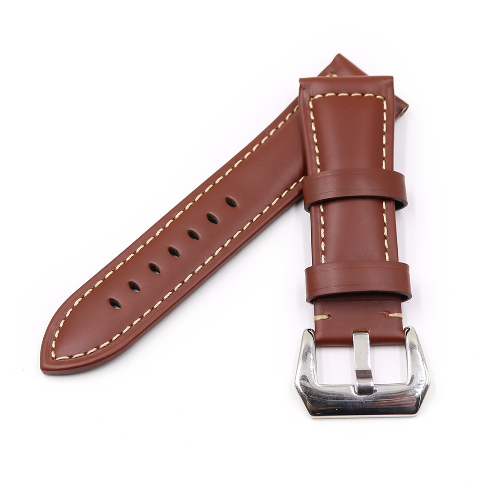 Rolamy - Soft Brown Genuine Leather Watch Strap Thickened Replacement Watch Strap Handmade with Pre-V Screw Buckle 22 24 26mm