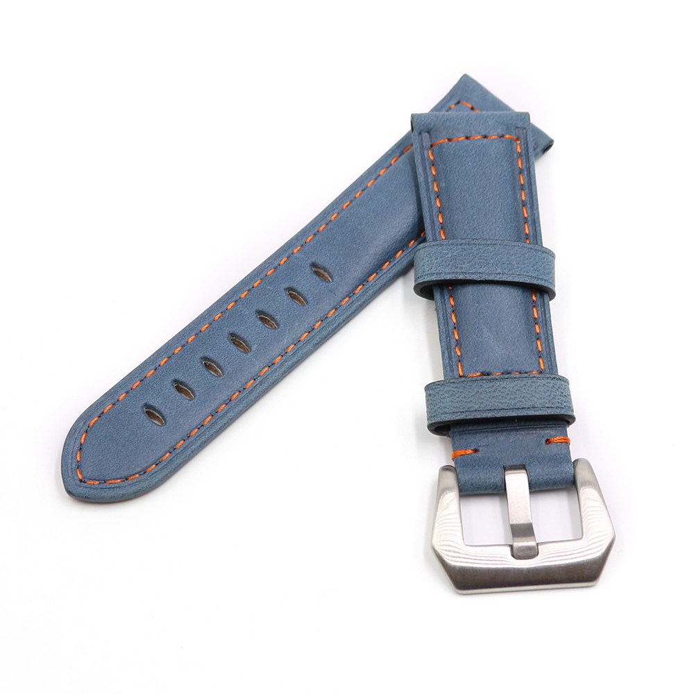 Rolamy - Watch strap 22 24mm, polished silver buckle watch strap, blue, genuine leather, handmade, thick, antique