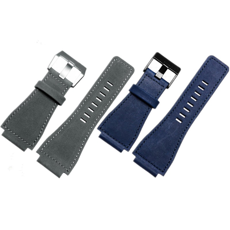 34mm*24mm Gray Blue Brown Leather Watch Band 3mm Thick Strap Belt Silver Black Pin Tongue Buckle