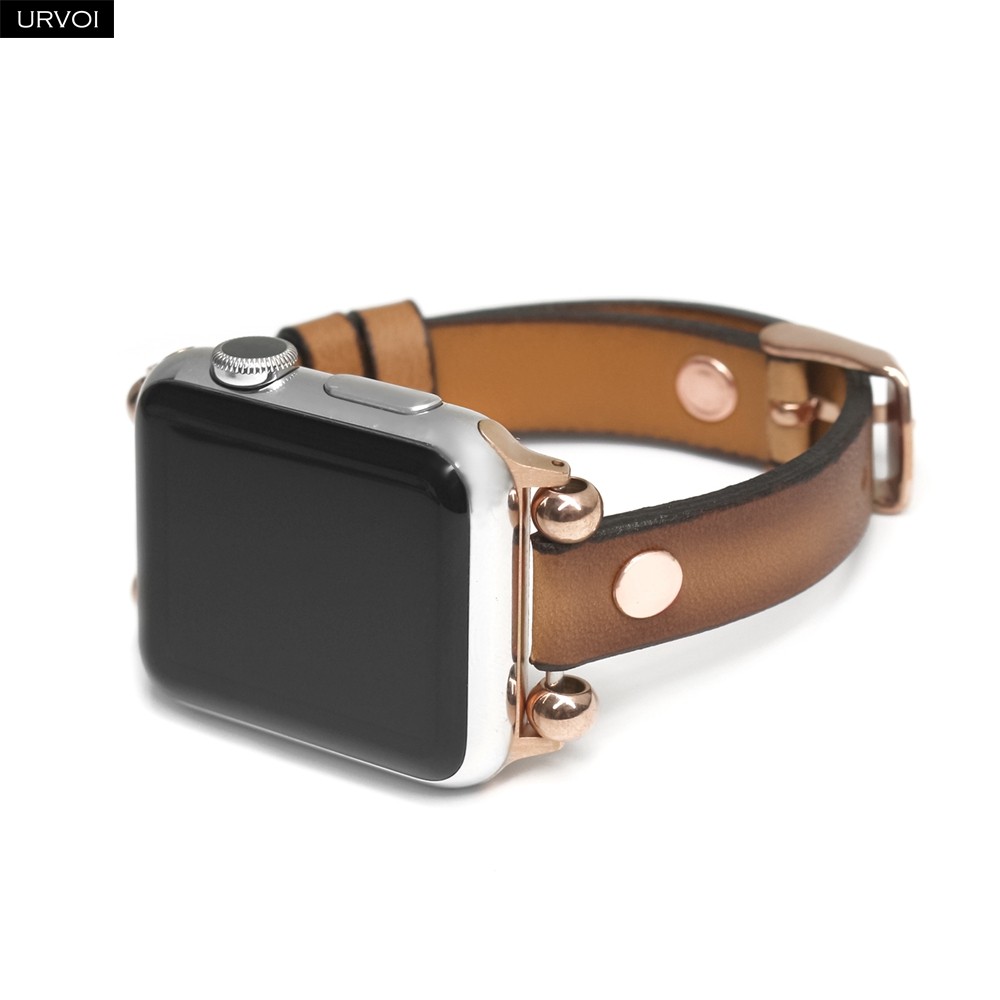 URVOI Band for Apple Watch Series 7 6 SE 5 4 3 2 1 Genuine Leather Strap for iWatch Beads Rose Gold and Slim Modern Stud Design