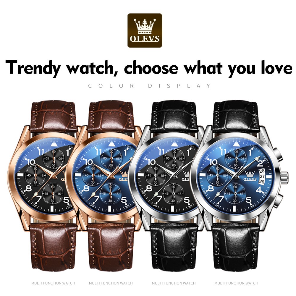 OLEVS Watch 2022 New Fashion Casual Mens Watches Luxury Brand Quartz Watch Premium Leather Waterproof Chronograph Watch for Men