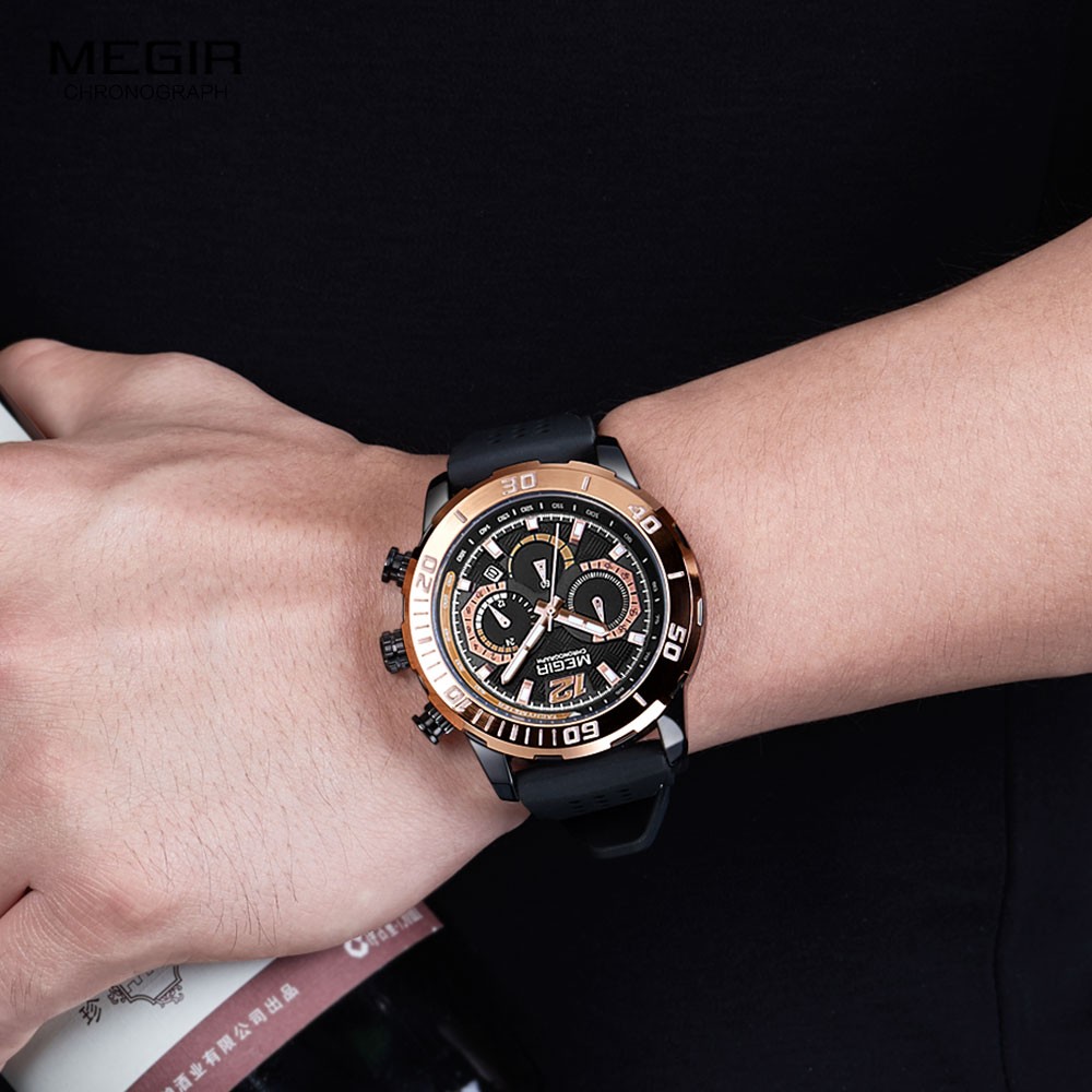 MEGIR Silicone Strap Milliari Sport Watches Men Waterproof Luminous Chronograph Quartz Watch Man Brown Reloj Relogio Watches