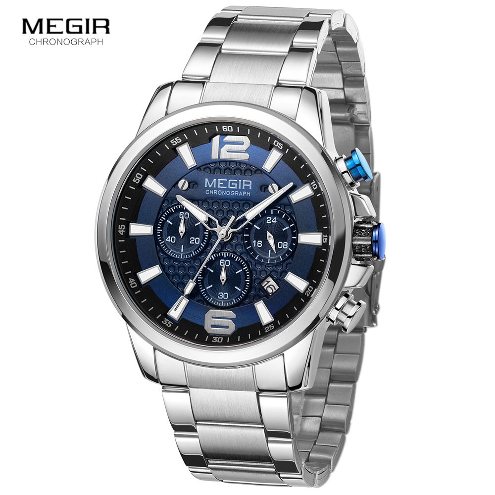 MEGIR 2020- Luxury Watches for Men, Men's Watch, Stainless Steel, Luminous, Water Resistant, Sport Chronograph, Quartz, Blue