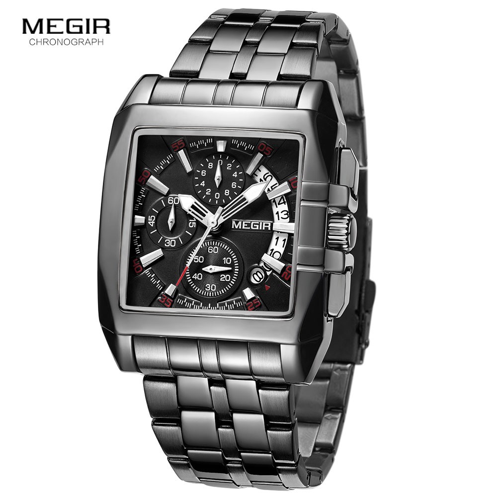 MEGIR Full Black Watches Men Luxury Chronograph Quartz Watch for Man Square Dial Luminous Wristwatch Relogios Relogios Reloj