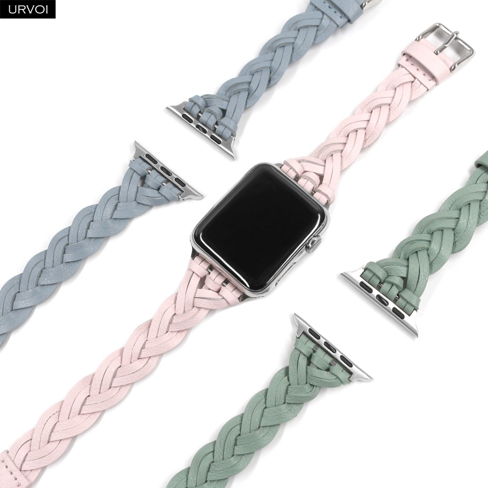 URVOI Braided Leather Strap for Apple Watch Series 7 6 SE 5 4 3 2 1 Woven Strap for iWatch Genuine Leather Classic Design Buckle