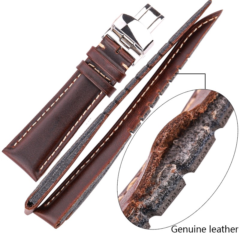 Soft Antique Watch Strap for Men and Women, Dark Brown, Genuine Leather, Metal, Butterfly Deployment Buckle, 18-24mm