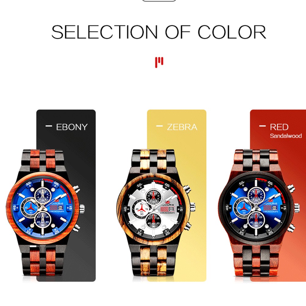 KUNHUANG Men Luxury Brand personality Sport Mens Watches Wooden Quartz Clock Men's Multifunction Wooden Watch Relogio masculino