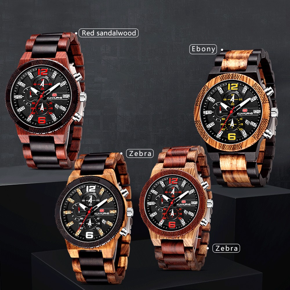 Kunhuang New Fashion Wooden Men's Watch Luxury Brand Multifunction Sports Mens Wristwatch Quartz Casual Relogio Masculino