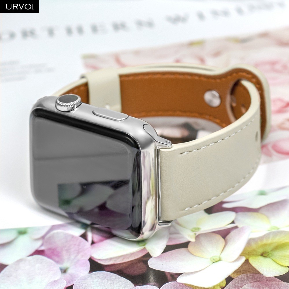 URVOI Strap for Apple Watch Series 7 6 SE 5 4 3 2 1 Sport Band Genuine Leather Pin Buckle for iWatch Modern Single Ring Design