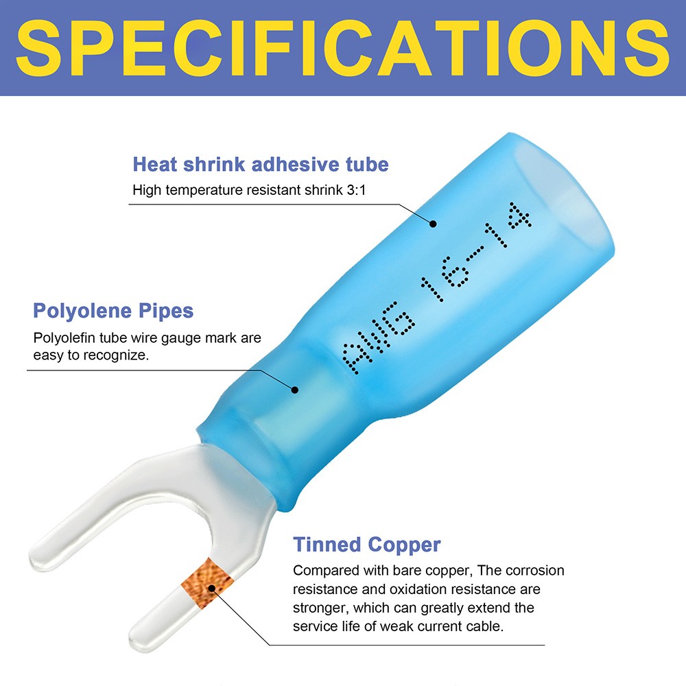 Haisstronica 330pcs #10 Marine Grade Heat Shrink Fork Connectors , 22-10 Gauge Tinned Copper Crimp Connectors Fork Terminals