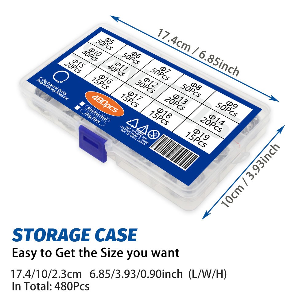 480pcs External Retaining Circlips C Clip Washers Snap Retaining Ring Stainless Steel Alloy 5-19mm Circles Set for Shaft
