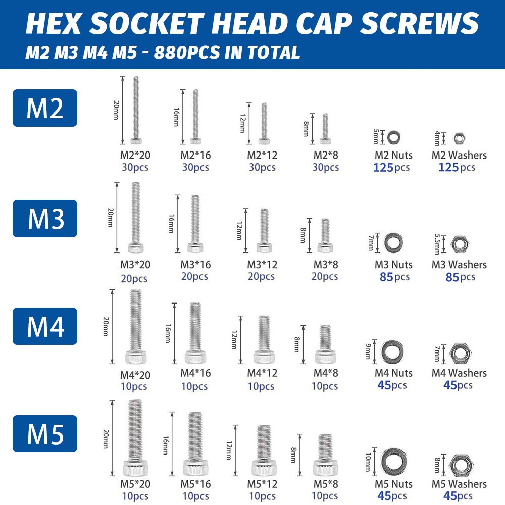 880pcs Hexagon Head Hex Socket Cap Screw Set M2 M3 M4 M5 304 Stainless Steel Flat Button Head Cap & Nuts & Washer Assorted Set