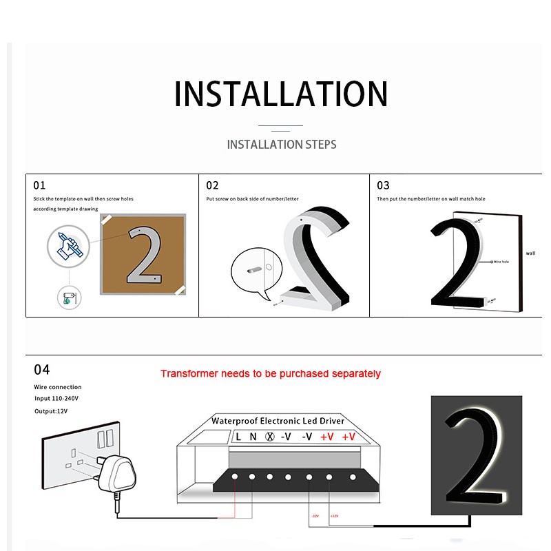 Metel 3D LED House Numbers for Crafts Outdoor Waterproof Home Hotel Door Plates Stainless Steel Address Sign