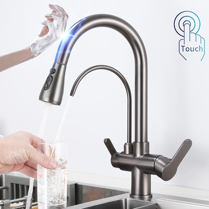 Gold Touch Filter Kitchen Mixer Tap Dual Handle Hot Cold Brass Kitchen Sink Faucets Smar Sensor Touch Pull Out Kitchen Faucets