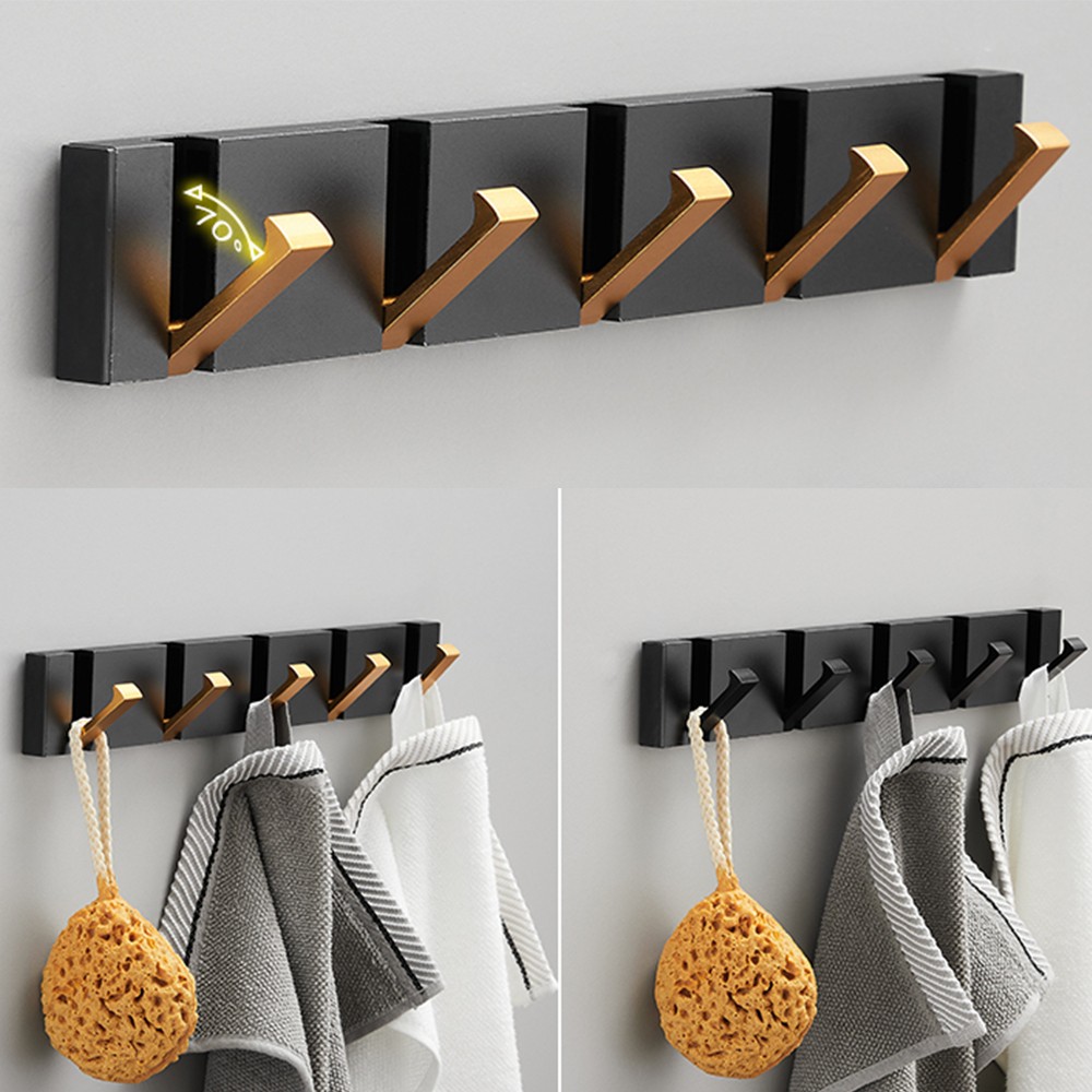 TAICUTE Folding Towel Hanger 2 Ways Fitting Wall Hooks Coat Clothes Rack for Bathroom Kitchen Bedroom Hallway, Black Gold