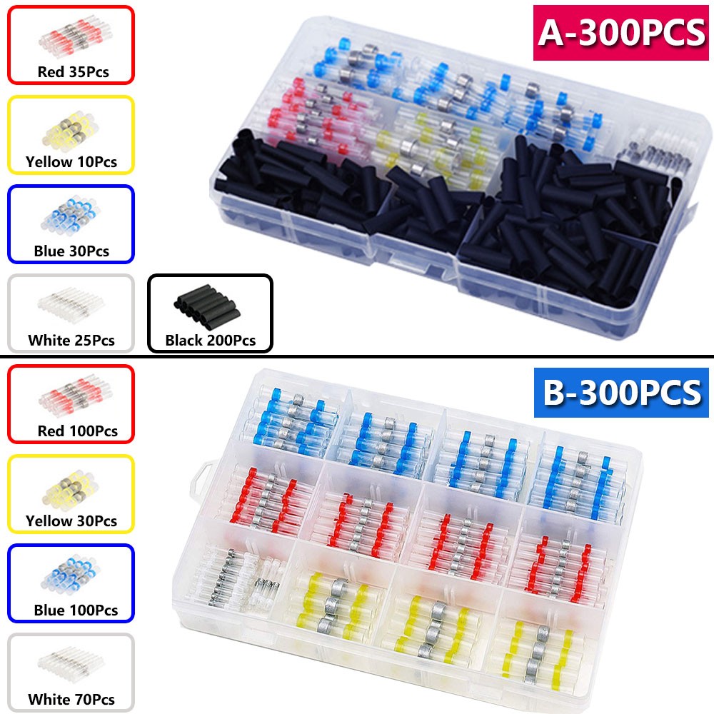 300pcs Electric Heat Shrink Butt Terminals Crimp Terminals Seal Welding Kit Waterproof Wire Twisting Cabling Connector With 300W Hot Air Gun