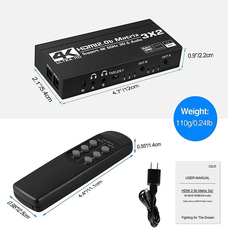 2021 3x2 Matrix splitter splitter with SPDIF and L/R 3.5mm HDR HDMI-compatible Switch 4x2 Support HDCP 2.2 Arc 3D 4K@60Hz for PS5