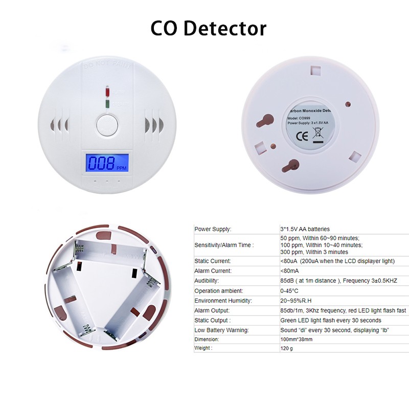 2 in 1 Wireless Carbon Monoxide Smoke Sensors Co Toxic Gas Leak Detector 85dB Built In Voice Promp Digital Color LCD Display