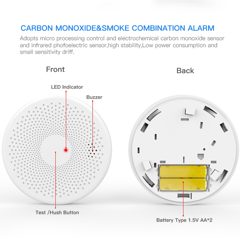 WIFI 2 in 1 Smoke Carbon Monoxide Combo Detector CO Gas Smoke Alarm Sensor 85DB Sound Alarm Tuya Smart Security Alarm System