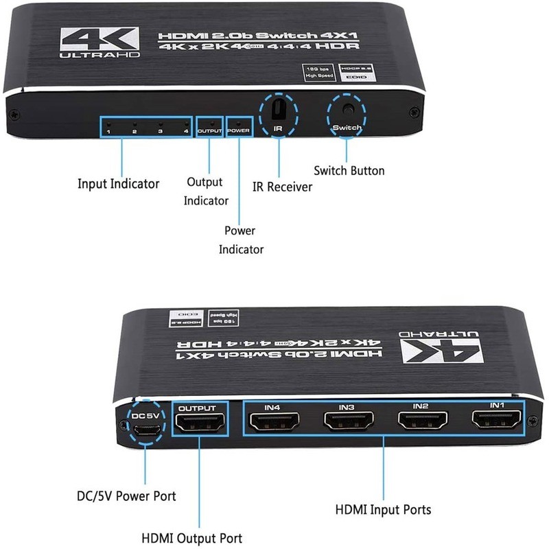 التبديل 5 منفذ HDMI-compati IR التحكم عن بعد التبديل 4 في 1 خارج الجلاد 4x1 محدد دعم 4K @ 30Hz الترا HD ثلاثية الأبعاد