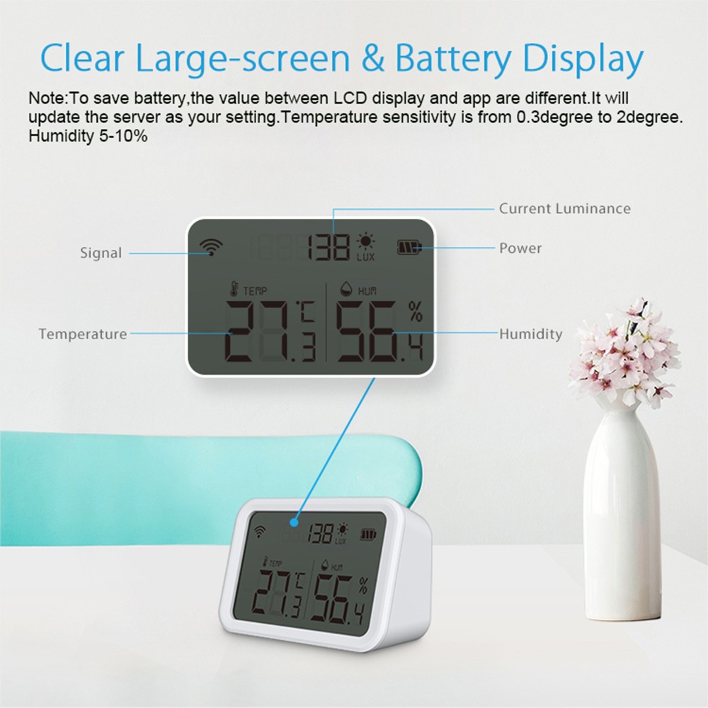 Tuya WiFi ZigBee Temperature Humidity Sensor Lux Light Indoor Humidity Detector Thermometer with LCD Screen Work Tuya Hub