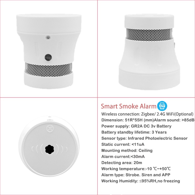 Zigbee smoke fire alarm protection detector tuya smart home security built in beep battery powered for easy replacement