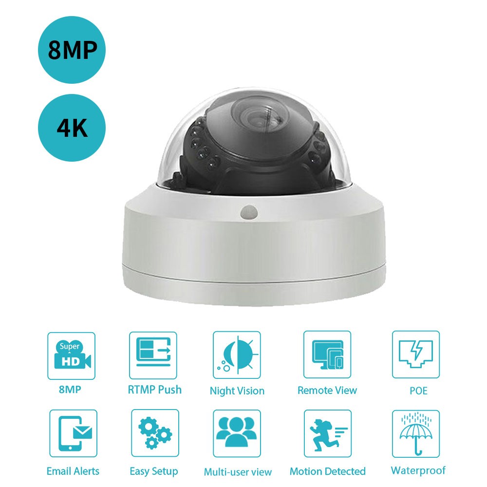 8MP 4K IMX415 PoE Vandal Dome IK10 Live Stream IP Camera Push Stream Video to YouTube/Wowza by RTMP Onvif Linear Input