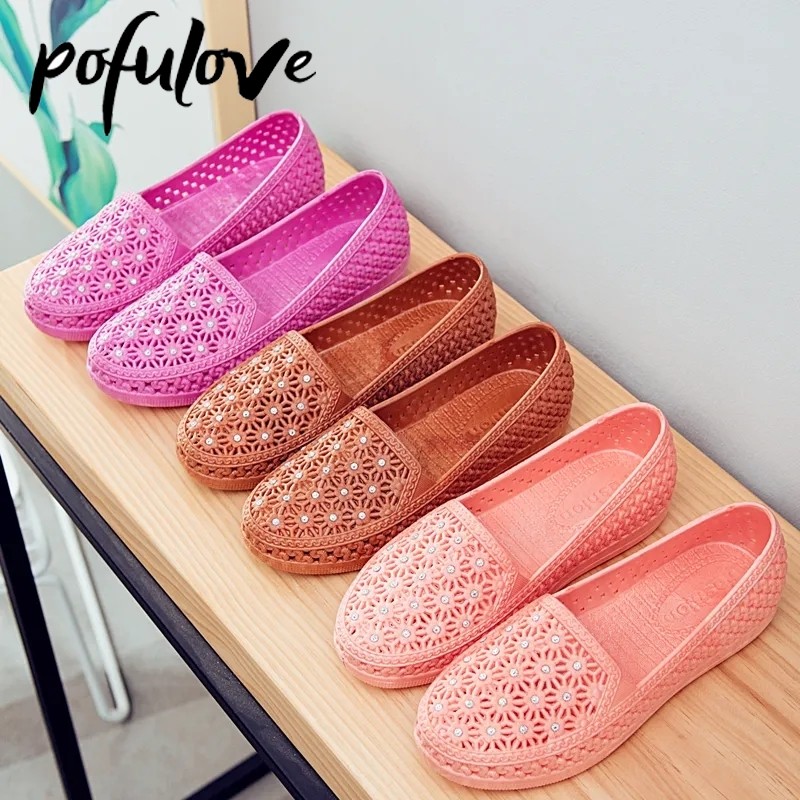 Pofulove Flats Shoes Women Hollow Out Slip On Casual Nursing Shoes Summer Loafers Female Sandals Shallow Beach Breathable Zapatos