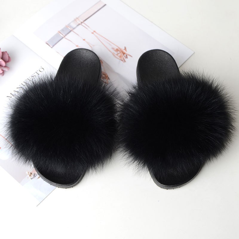 Genuine Fluffy Fur Slippers Women Summer Indoor Flip Flops Fur Sandals Slides Ladies Home Furry Plush Shoes Woman Fur Slides