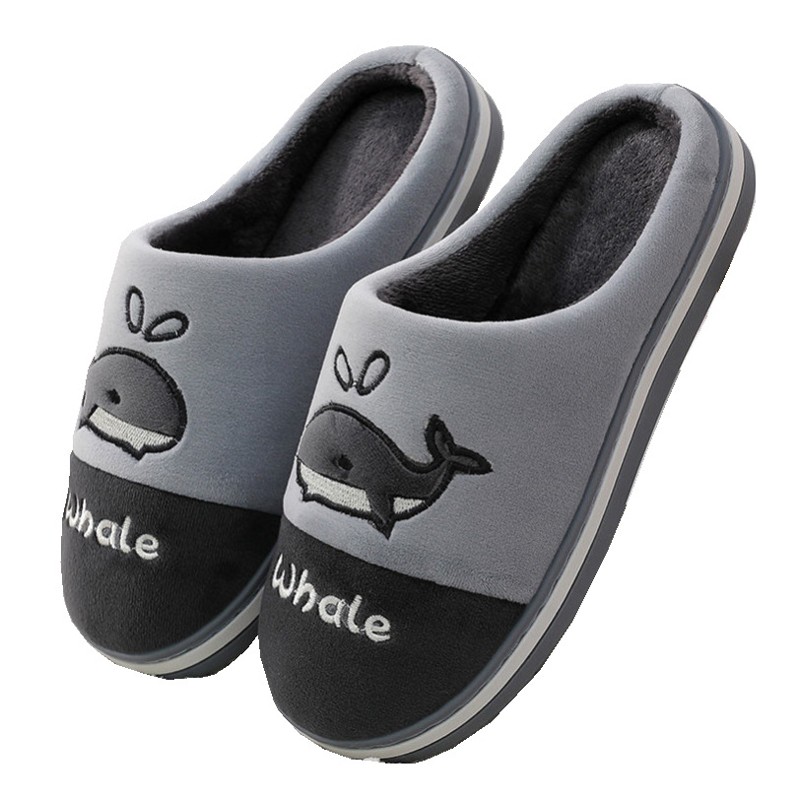 Winter Cotton Slippers Catroon Dolphin Home Indoor Slippers Plush Feleece Non-slip Winter Warm Slippers Comfortable Women Shoes Gray