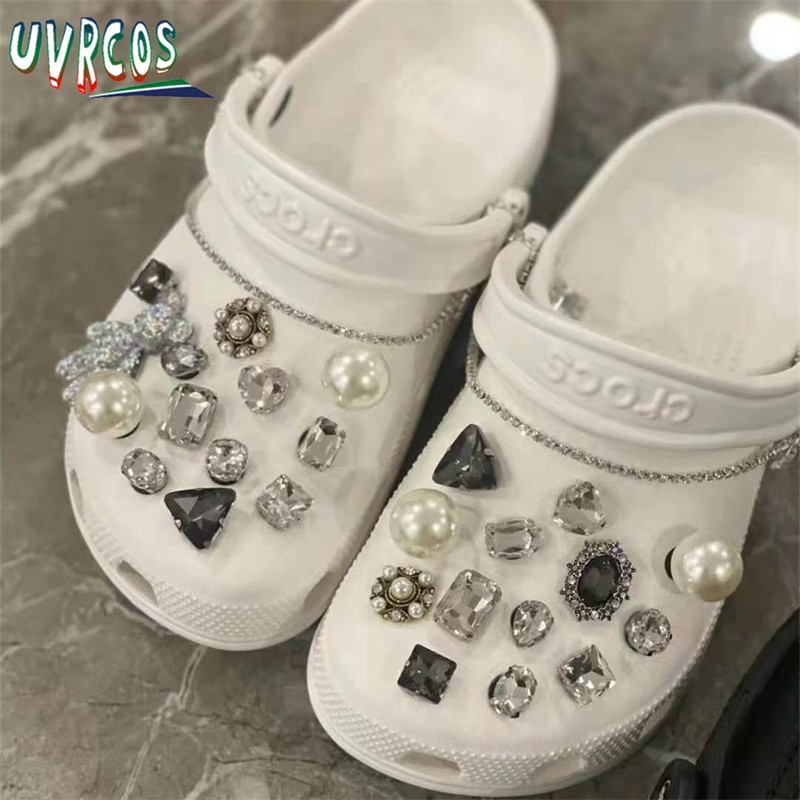 1 Set Handmade DIY Crocs Charms Bling JIBZ Buckle Rhinestone Accessories Metal Chain Clog Garden Shoe Decoration Girls 지지